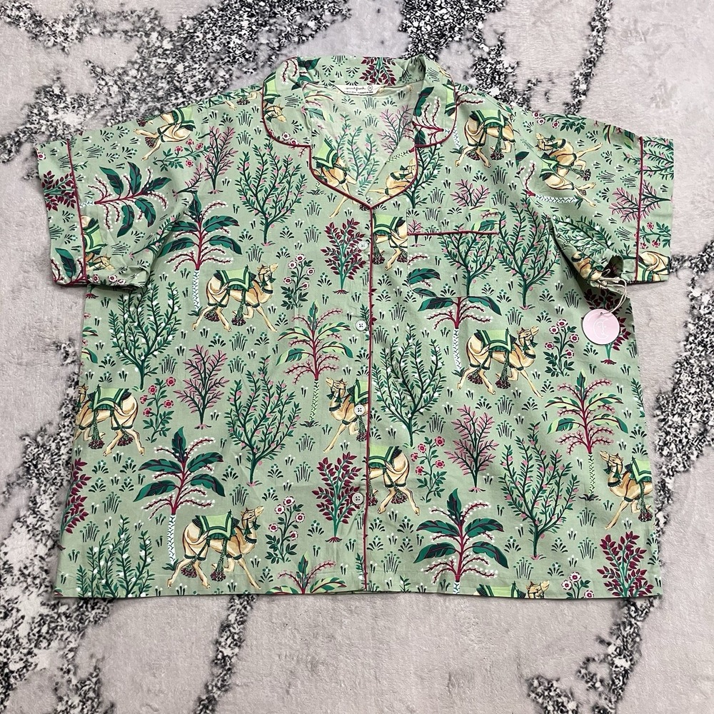 Printfresh Camel Courtyard Avocado Pajama Top Plus Size 5XL Short Sleeve Button
